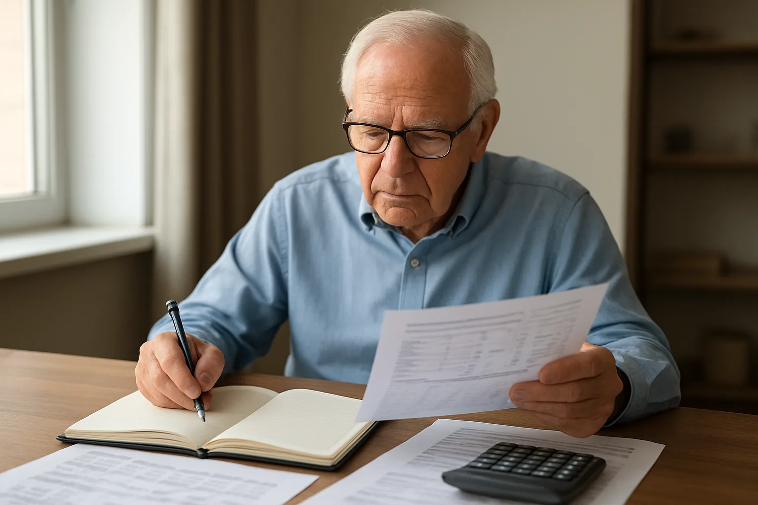 서재에 앉아 재무 서류와 노트를 검토하며 기초연금 수급 자격을 확인하는 시니어의 모습.
