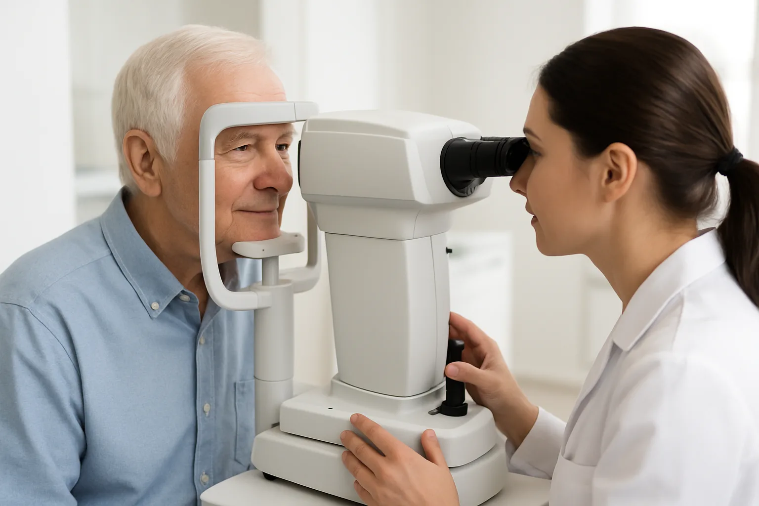 밝고 청결한 진료실에서 전문 장비로 안검진을 받고 있는 어르신의 모습