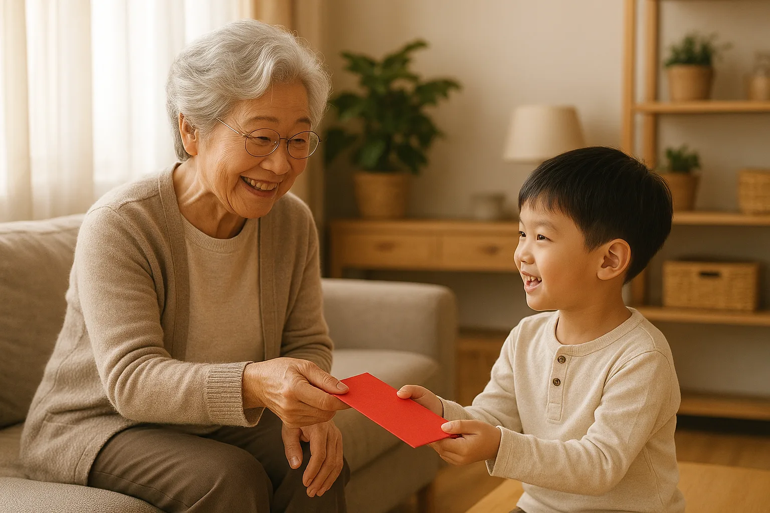 조부모가 손주에게 용돈을 건네며 교감하는 모습