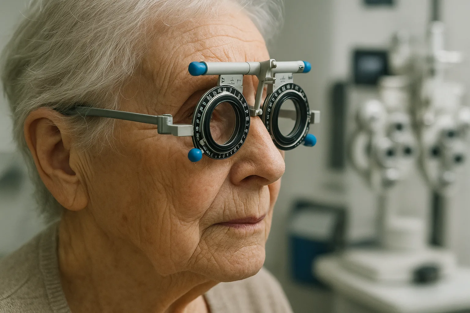 노안과 백내장의 차이를 비교하기 위해 눈의 구조와 혼탁한 수정체를 보여주는 안과 검진 장면