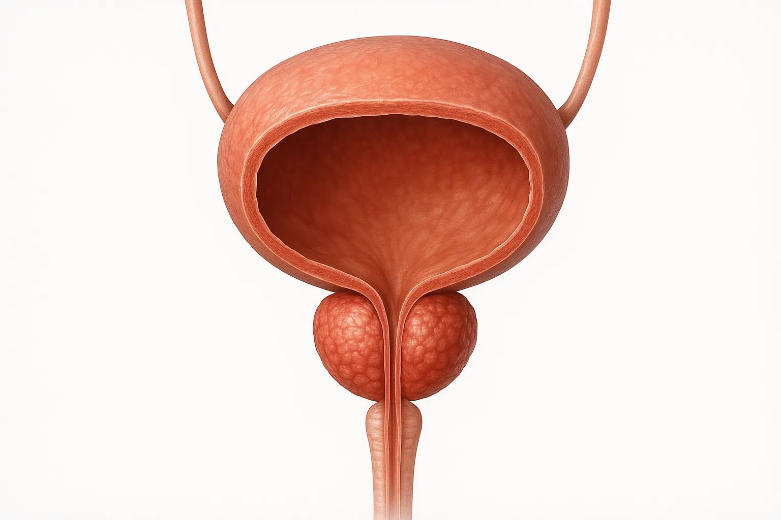 방광 아래에 위치한 전립선이 요도를 압박하는 구조를 객관적으로 나타낸 의료 교육용 모식도입니다.