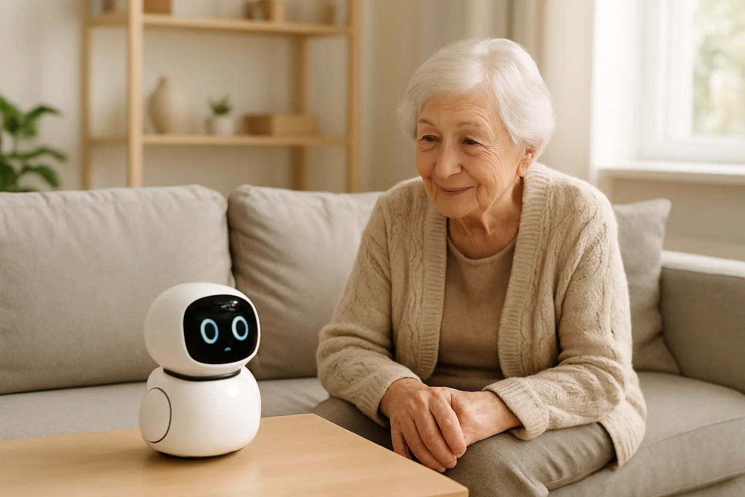 햇살이 드는 거실 소파에 앉아 탁자 위의 AI 돌봄 기기를 바라보는 어르신의 모습