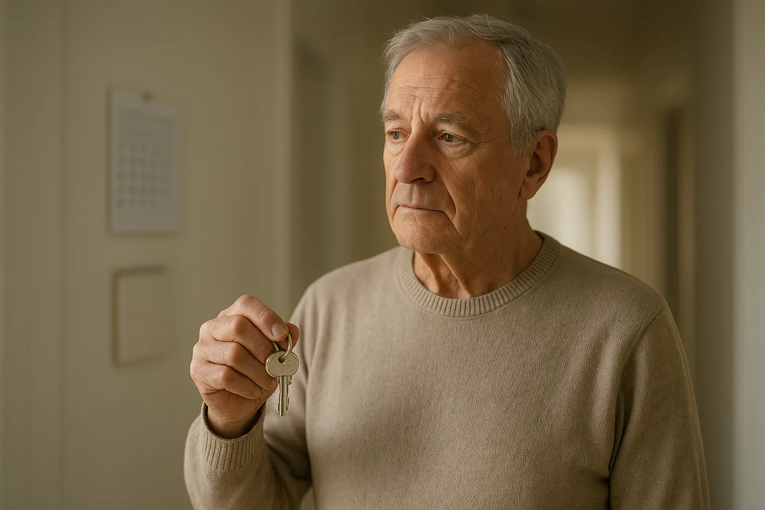 일상생활 중 열쇠를 들고 기억을 더듬으며 깊이 고민하는 중장년의 모습