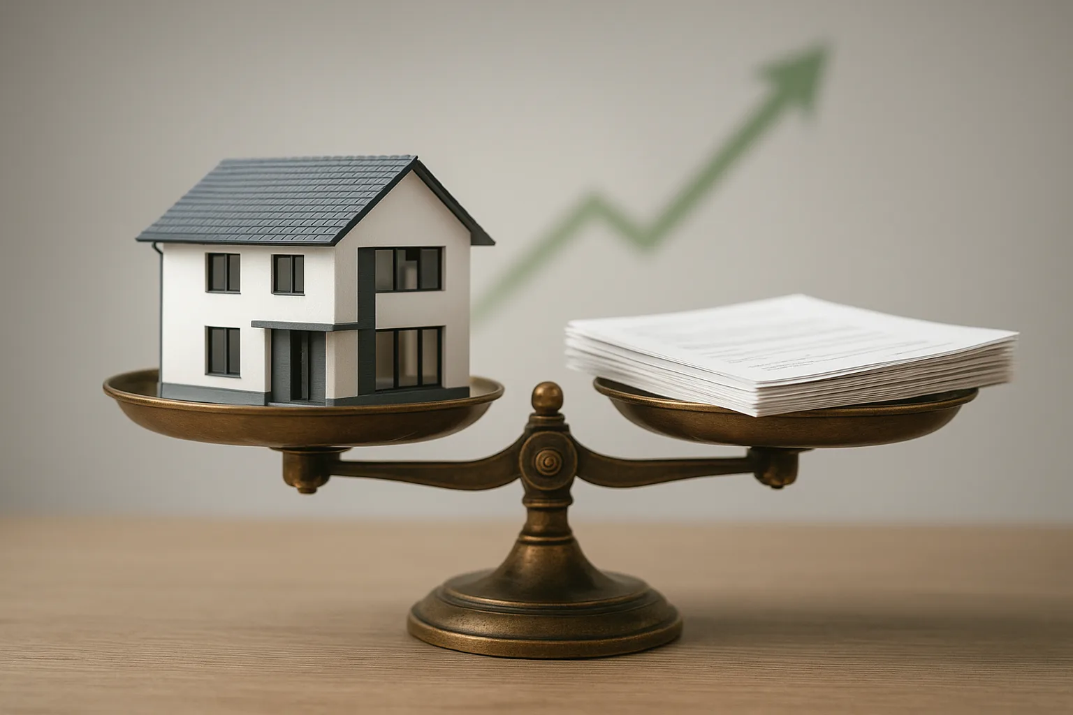 주택연금 가입 후 집값 상승에 따른 득실을 비교하는 저울 위의 집 모형과 금융 문서들입니다.