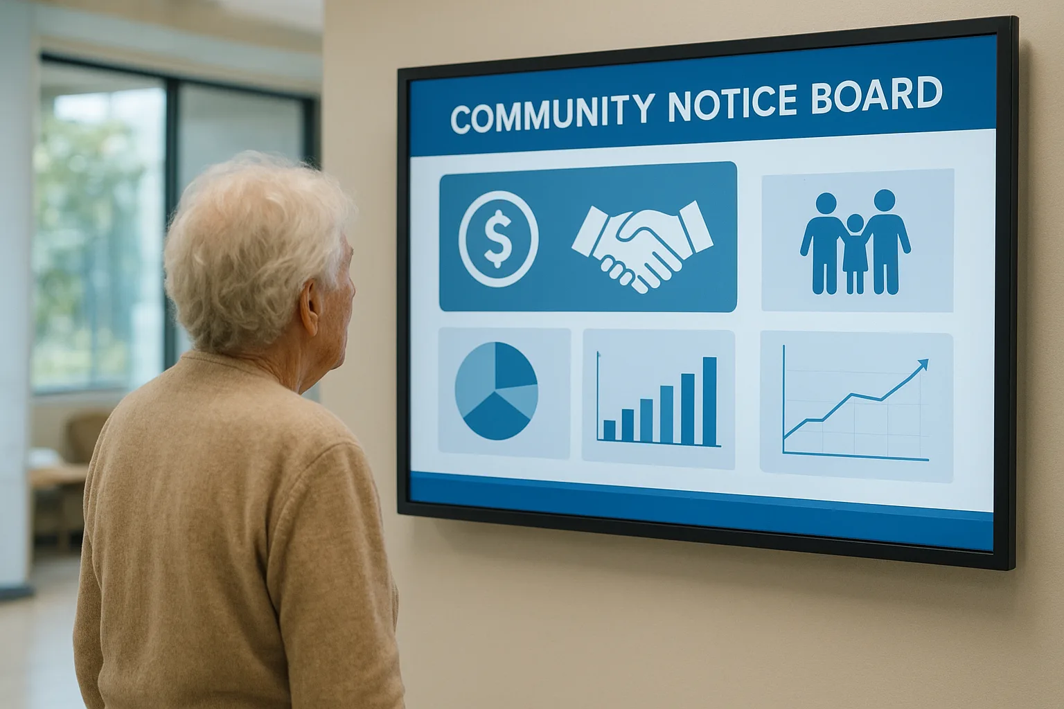 지역 복지 센터에서 전자 포인트 카드 혜택 안내문을 확인하는 노인의 모습입니다.