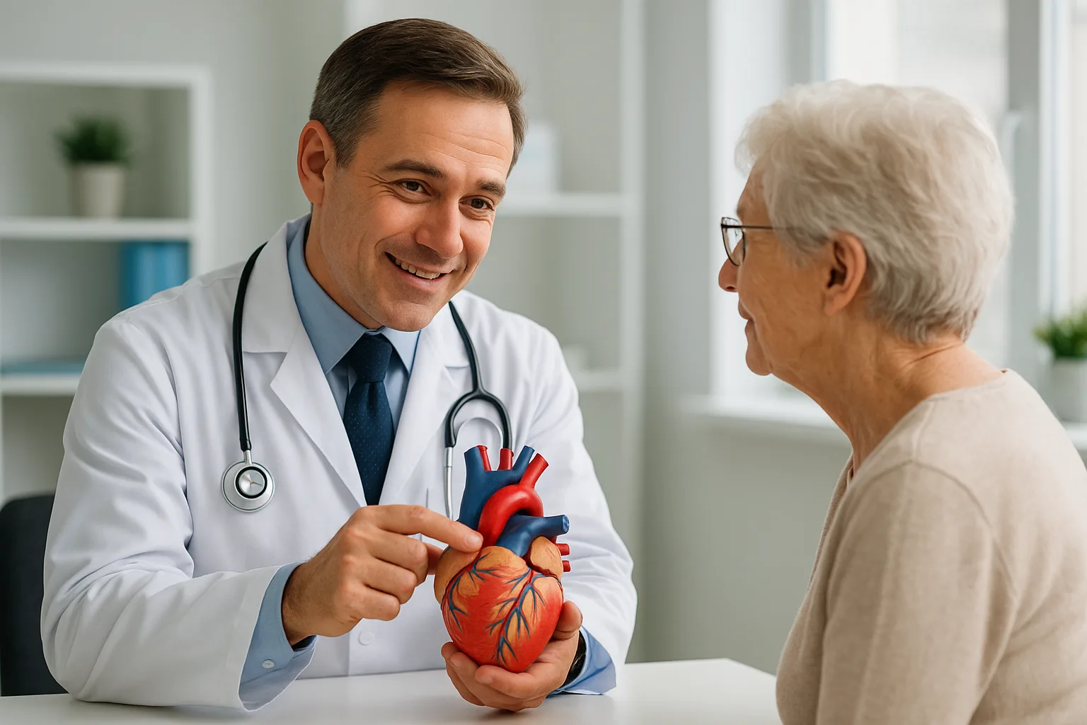 현대적인 진료실에서 전문의가 시니어 환자에게 심장 모형을 활용하여 혈관 상태를 설명하는 모습