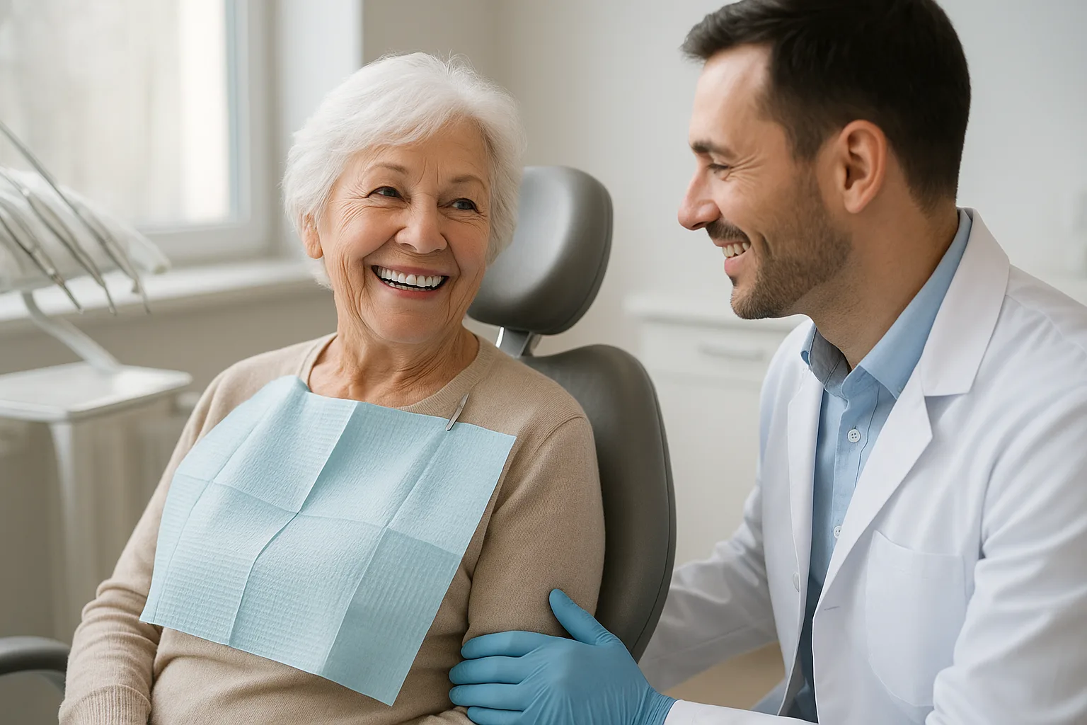 치과 진료실에서 의사와 편안하게 상담하며 밝게 웃고 있는 고령자의 모습입니다.