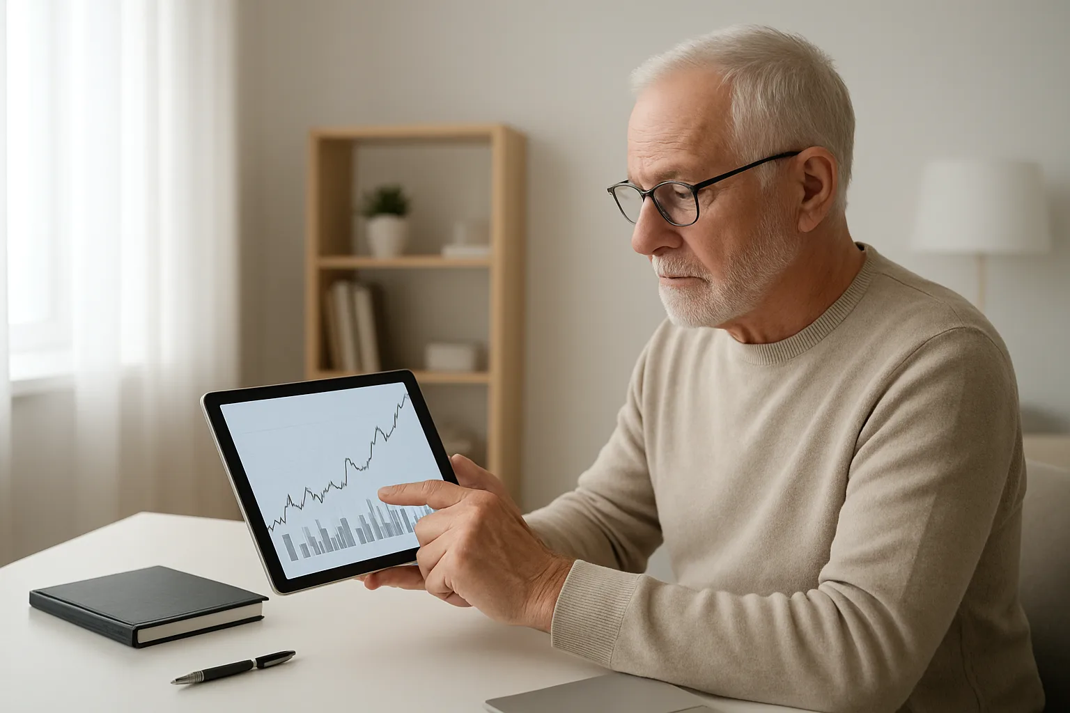 시니어가 태블릿으로 금융 차트를 확인하며 은퇴 자산을 관리하는 모습입니다.