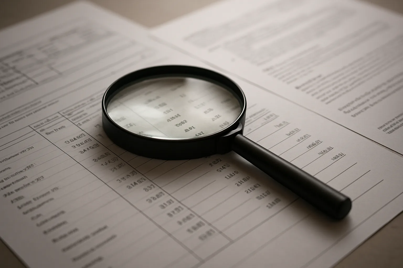 세금 고지서와 재무 서류 위에 놓인 돋보기로 자금 출처 조사를 상징하는 모습
