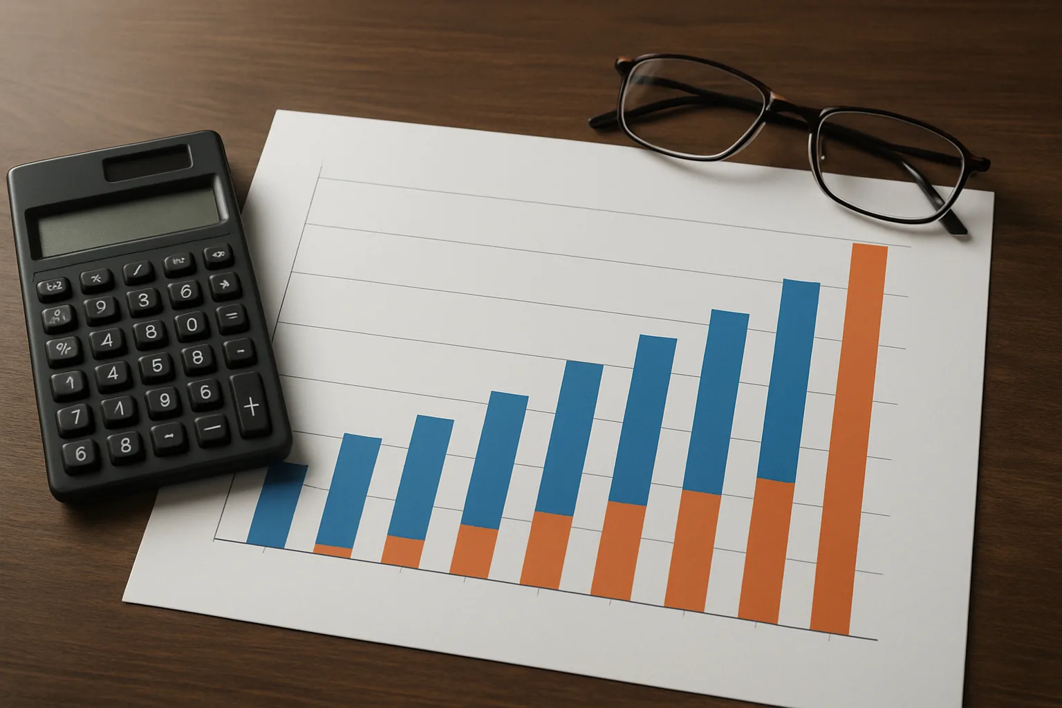 원목 책상 위에 놓인 세금 공제 관련 금융 서류와 계산기의 모습입니다.