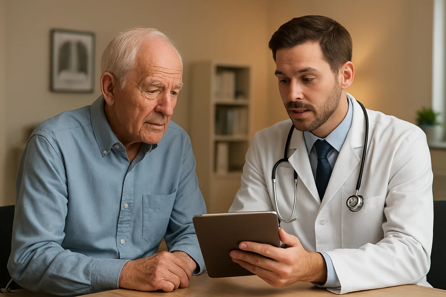 시니어 환자가 밝고 깨끗한 진료실에서 의사와 호흡기 건강에 대해 진지하게 상담하는 모습