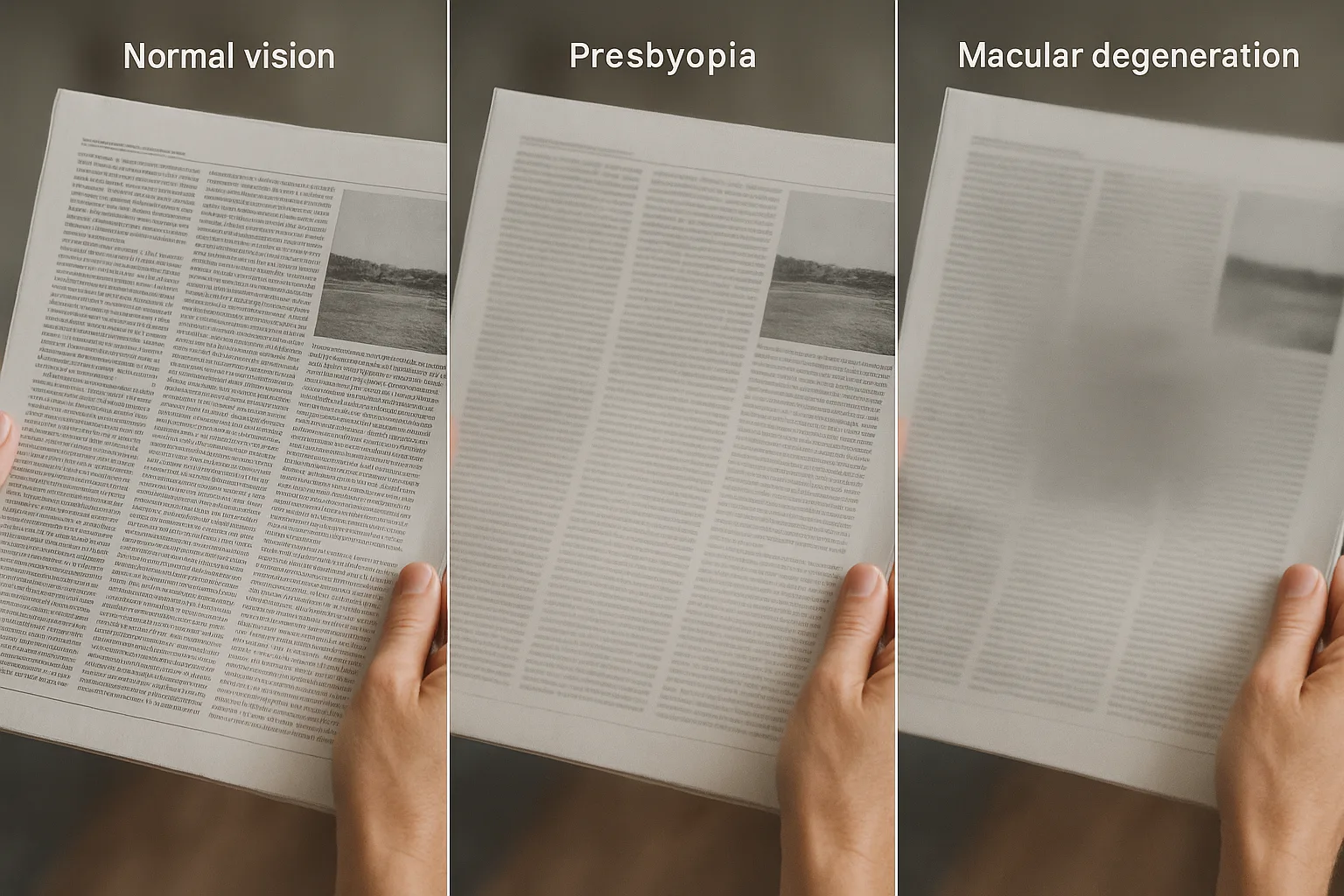 노안과 황반변성이 시야에 미치는 영향을 비교하여 객관적으로 보여주는 자료입니다.