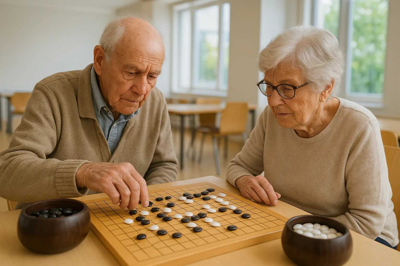 노인복지관 바둑 교실에서 어르신들이 집중하며 바둑을 두는 모습입니다.