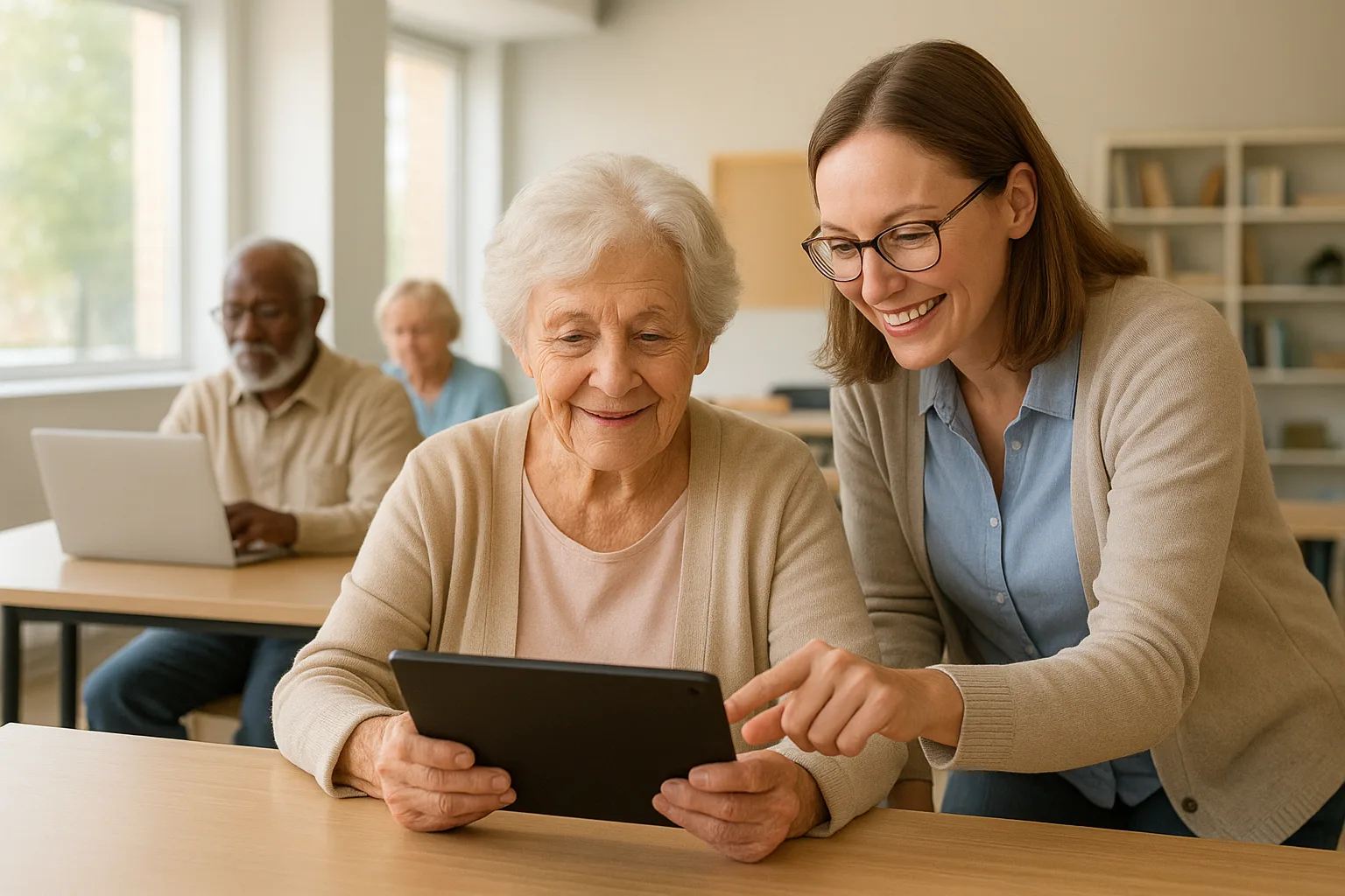 밝고 쾌적한 지역사회 교육 센터에서 전문 강사의 친절한 안내를 받으며 태블릿 화면을 실습하는 고령층 학습자입니다.