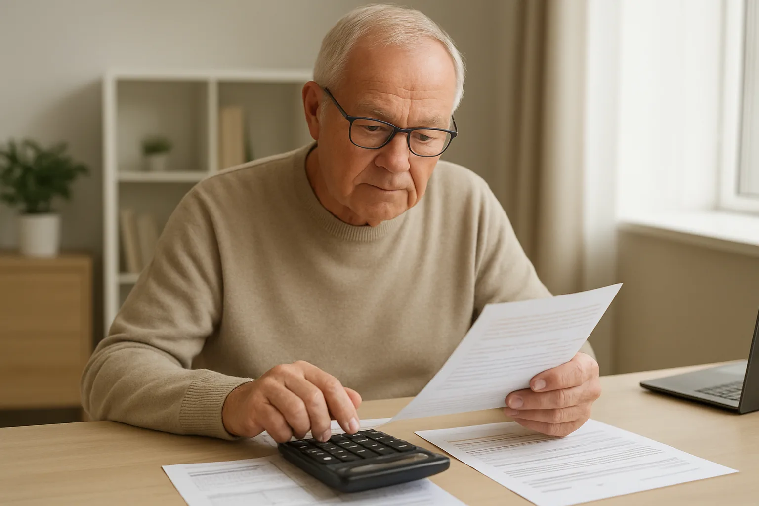 중장년층이 기초연금 수급 자격을 확인하기 위해 금융 서류와 통장을 검토하는 모습입니다.