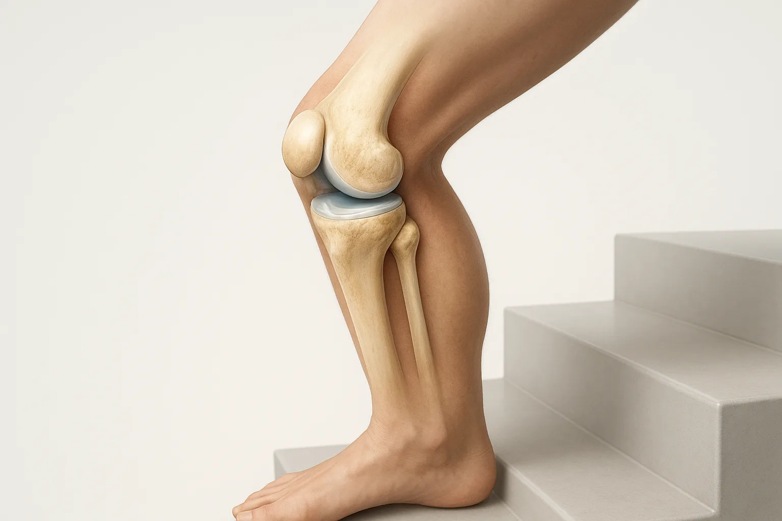 계단을 내려갈 때 슬개골과 대퇴골 사이 연골에 집중되는 체중 부하를 보여주는 관절 구조의 모습입니다.