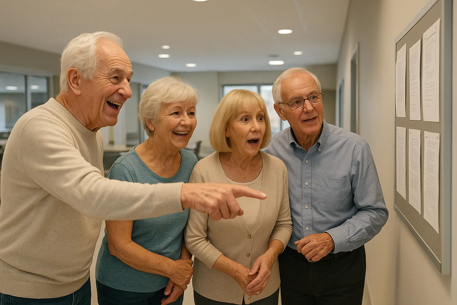 지역 커뮤니티 센터에서 게시판의 일자리 공고를 확인하는 활기찬 노인들의 모습입니다.