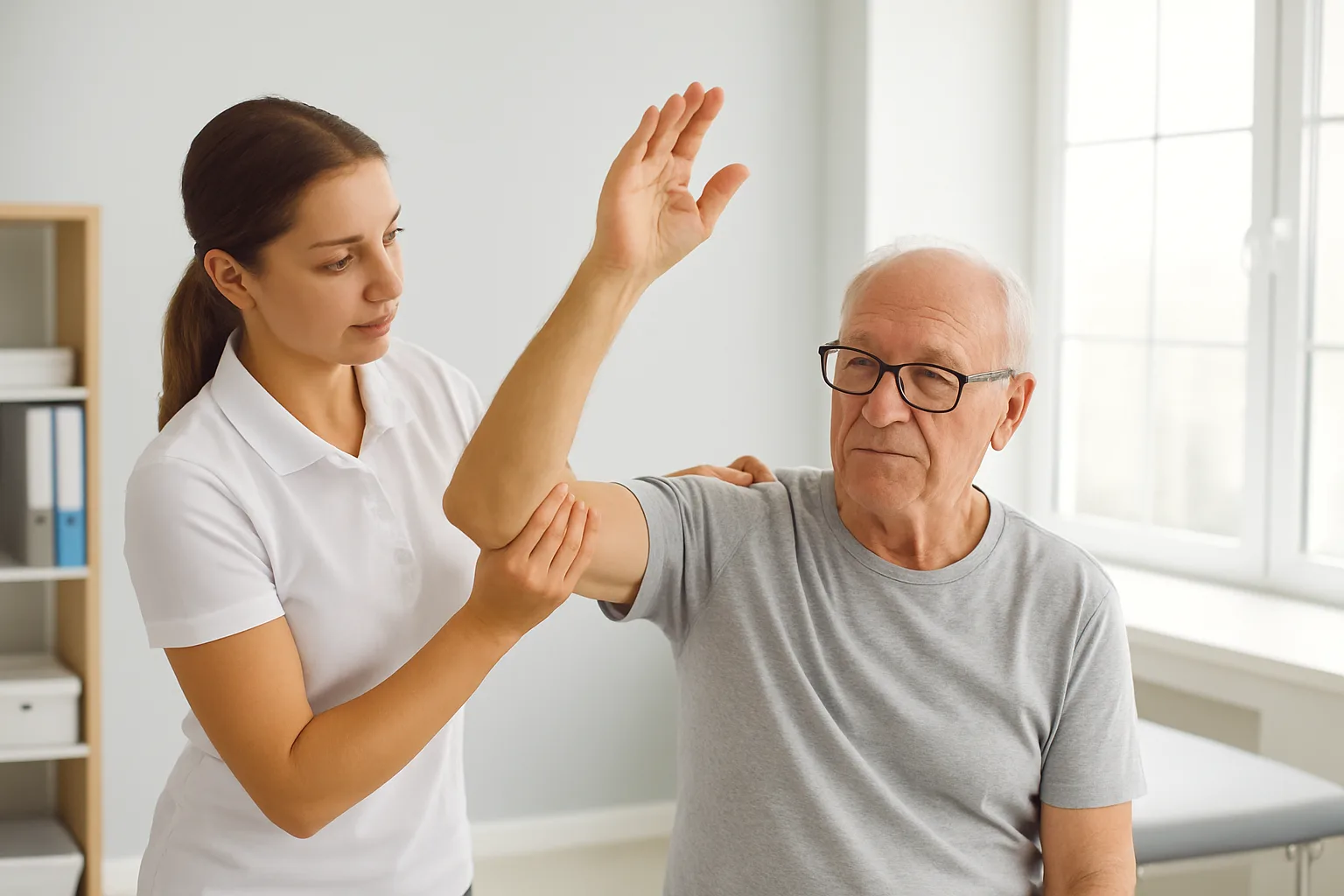 의료진이 중장년 환자의 어깨 운동 범위를 점검하며 오십견과 회전근개 파열을 진단하는 과정입니다.