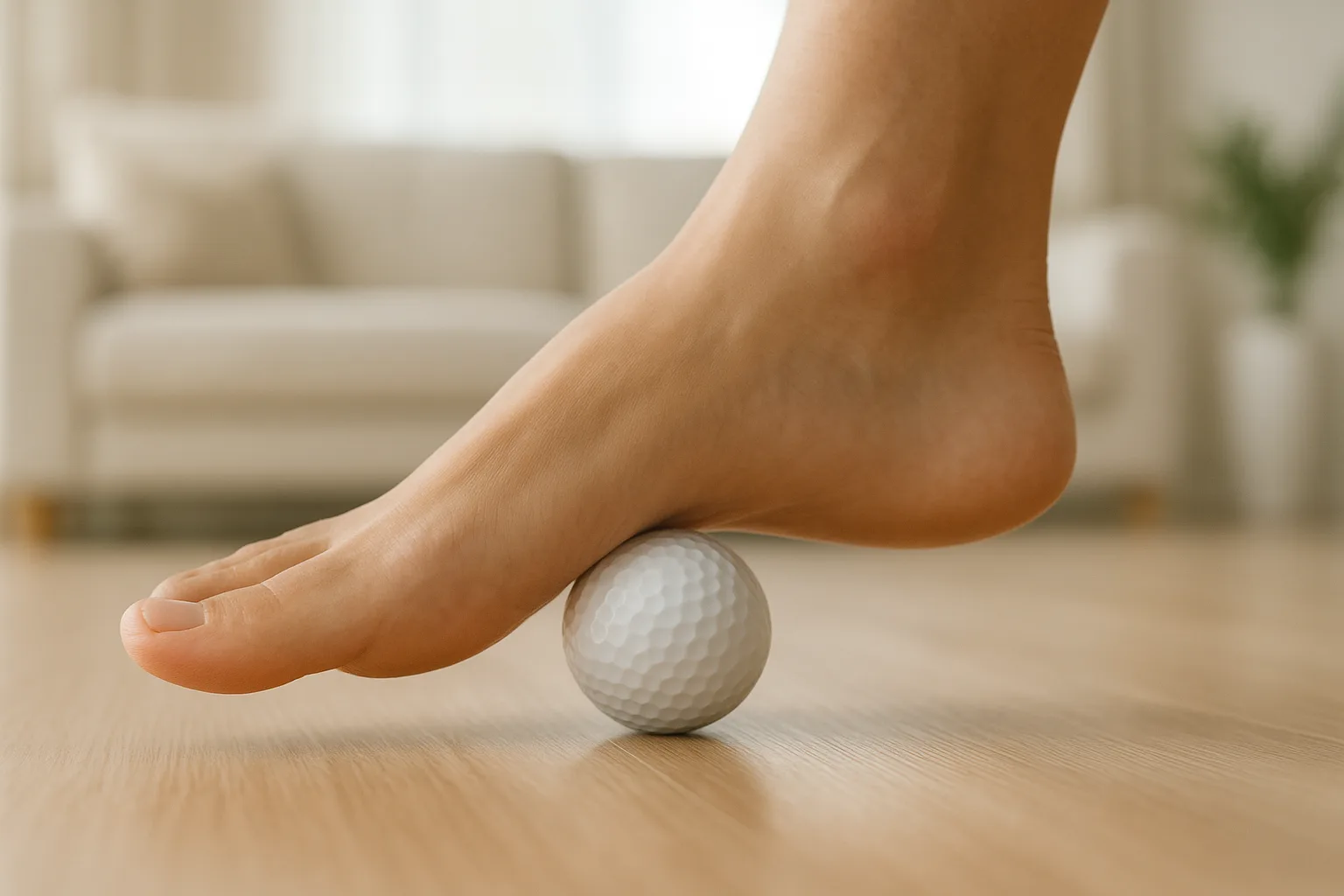 나무 바닥에서 맨발로 하얀 골프공을 굴리며 발바닥 아치 부위의 긴장을 부드럽게 풀어주는 과정입니다.