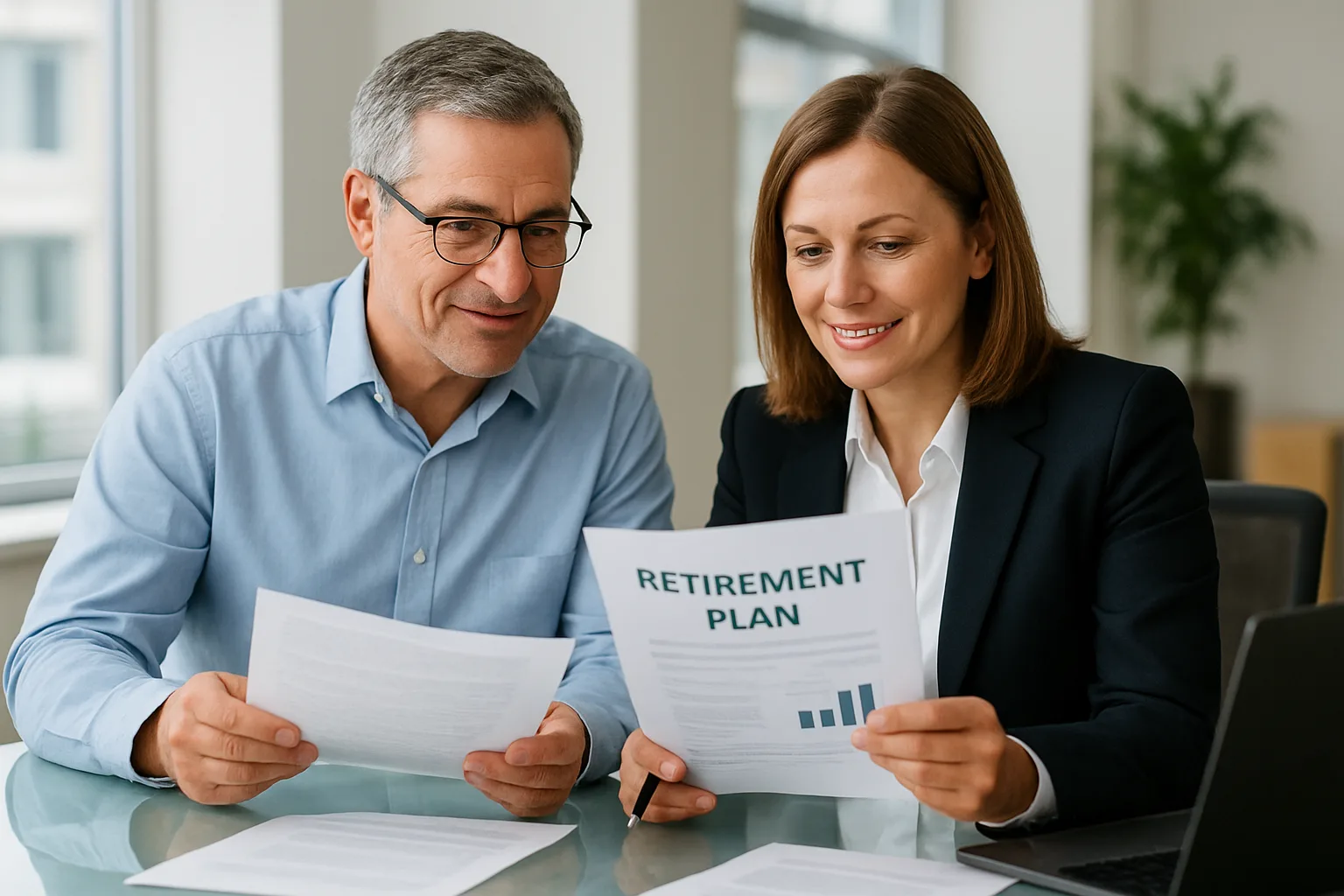 은퇴 전 40대 50대 직장인이 IRP 계좌 자산 배분과 납입 전략에 대해 전문가와 상담하는 모습