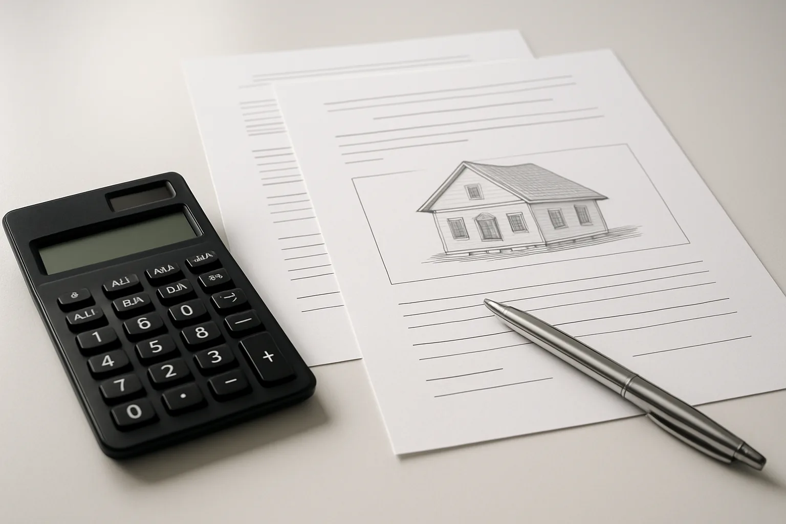 책상 위에 놓인 계산기와 재산 증빙 서류들로 소득 인정액 산정 방식을 표현한 모습.