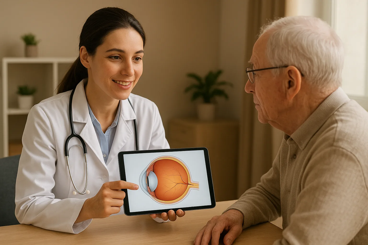 의료진이 상담실에서 시니어 환자에게 안질환 치료 및 수술 과정에 대해 설명하는 모습