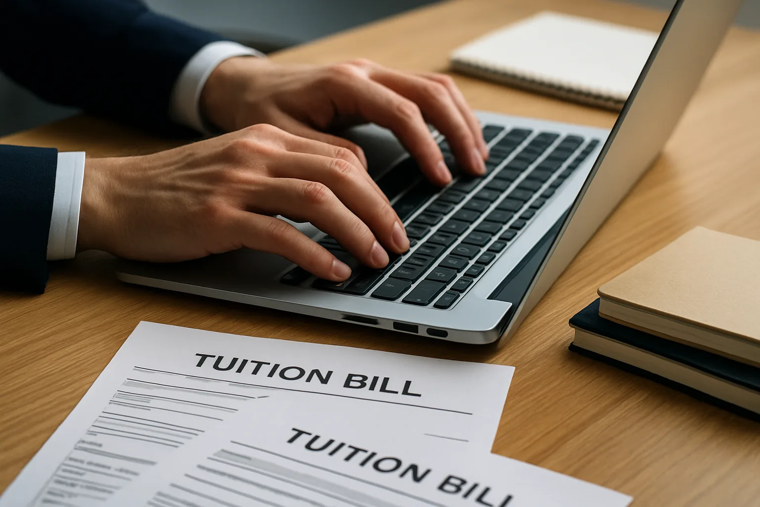 노트북을 통해 학비 고지서를 확인하며 등록금을 결제하는 과정