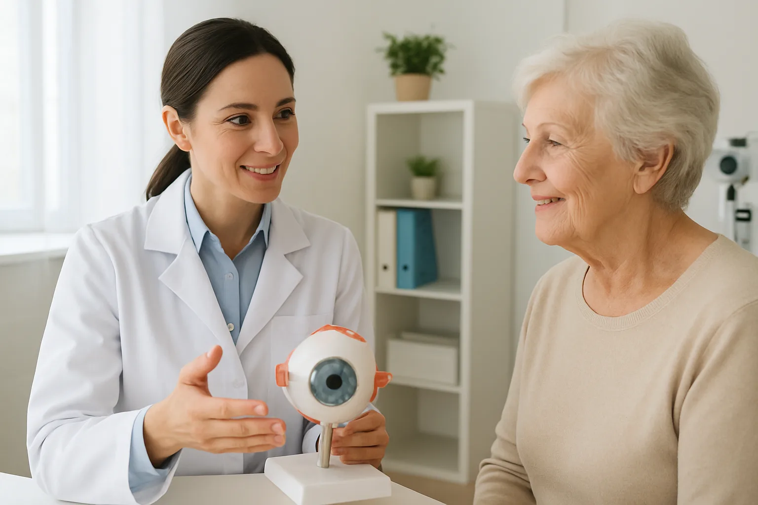 진료실에서 안과 의사가 시니어 환자에게 눈 구조 모형을 보여주며 백내장 수술 시기와 절차를 설명하는 모습