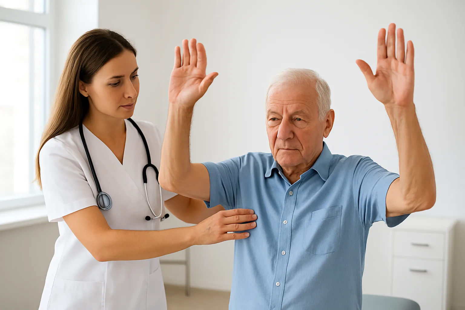 팔의 근력 저하 및 안면 마비 여부를 점검하는 뇌졸중 초기 증상 확인 과정입니다.