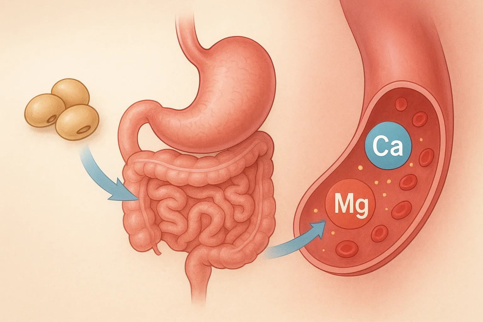 콩을 섭취한 후 소화 기관을 거쳐 칼슘과 마그네슘이 체내로 안전하게 흡수되는 대사 과정을 나타낸 자료입니다.