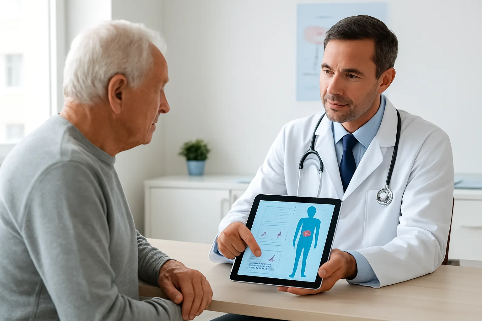현대적인 진료실에서 비뇨의학과 전문의와 상담하며 초음파 검사 결과를 점검하는 중장년 남성의 모습입니다.