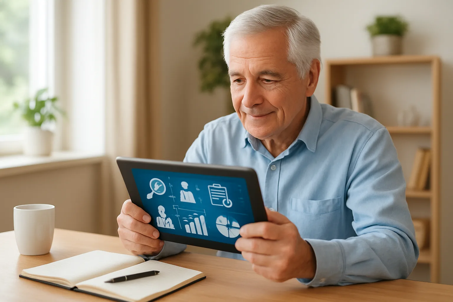 60세 이상 구직자가 맞춤형 시니어 일자리 매칭 플랫폼을 활용하여 공고를 검색하는 모습입니다.