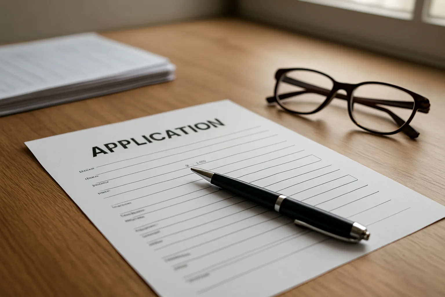 원목 책상 위에 놓인 복지 혜택 신청 서류와 펜, 그리고 돋보기