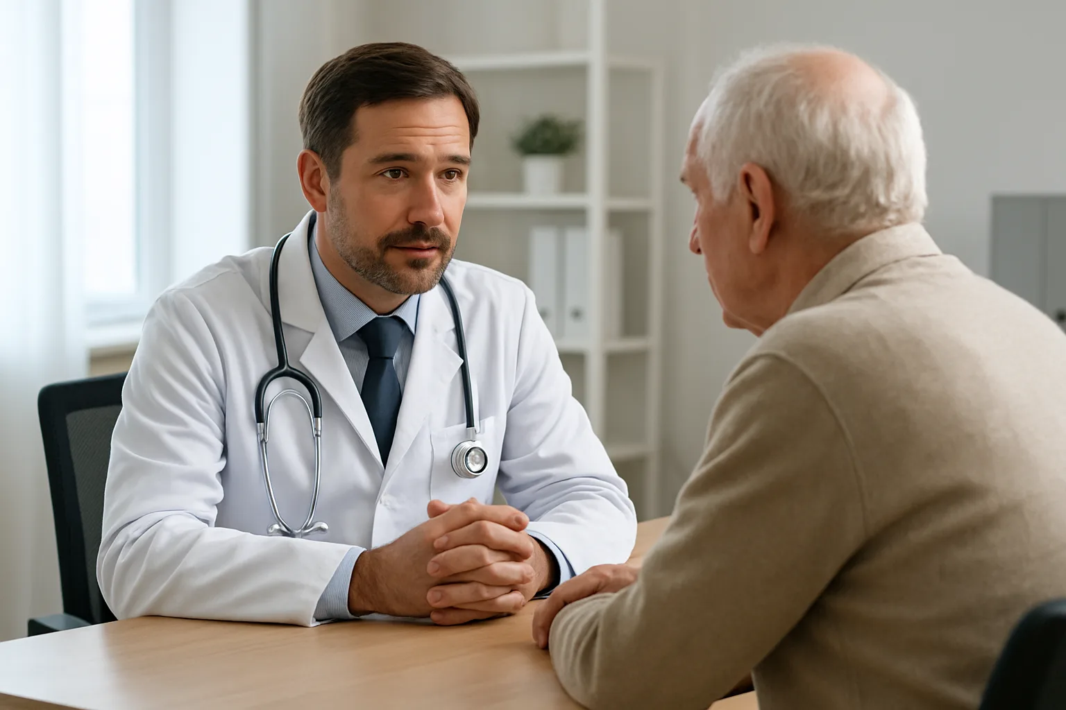 밝은 진료실에서 의사가 어르신 환자의 이야기에 귀 기울이며 상담하는 모습