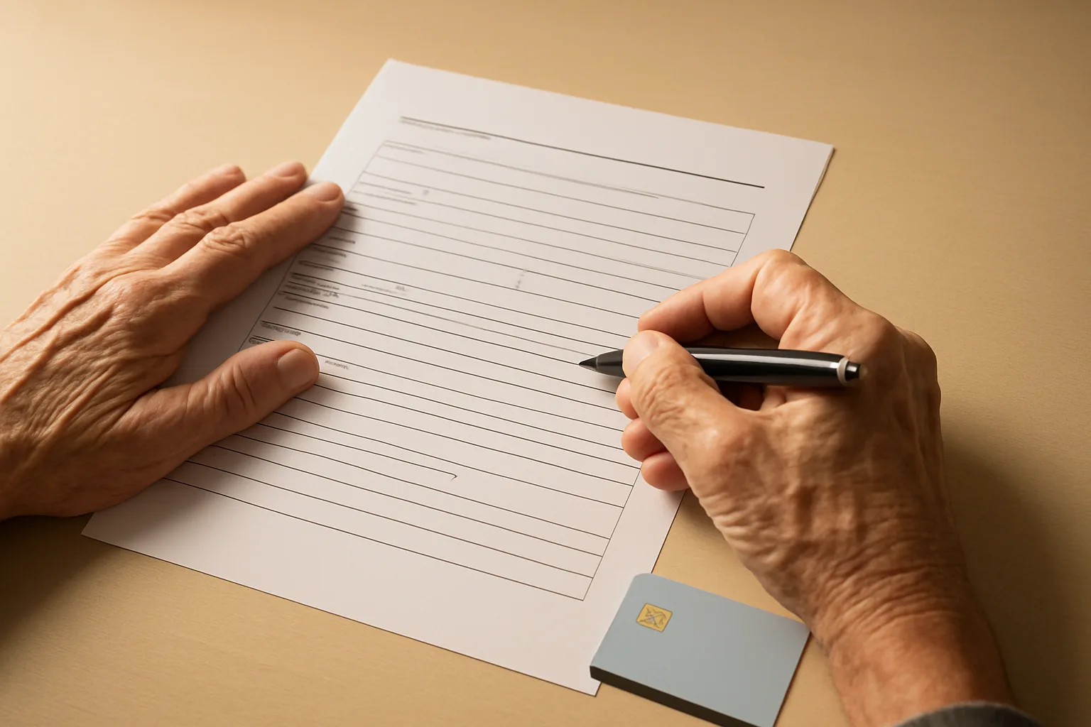 주민센터 창구에서 어르신이 바우처 신청서를 작성하고 복지 카드를 안내받는 모습입니다.