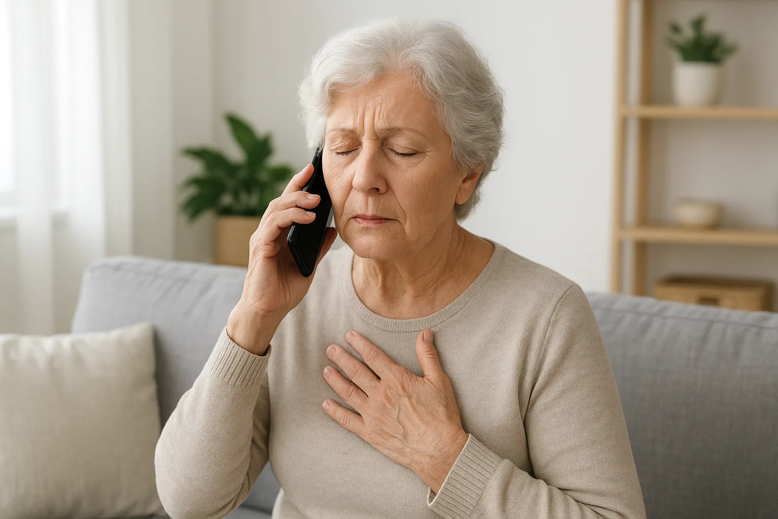 거실 소파에 편안하게 앉아 안정을 취하며 스마트폰으로 구조 요청 전화를 하는 시니어의 모습