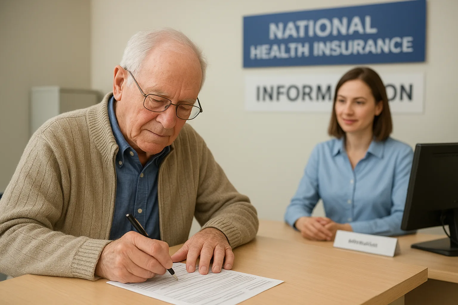 건강보험공단 안내 데스크에서 서류를 꼼꼼히 작성하며 치과 지원을 신청하는 고령자의 모습입니다.