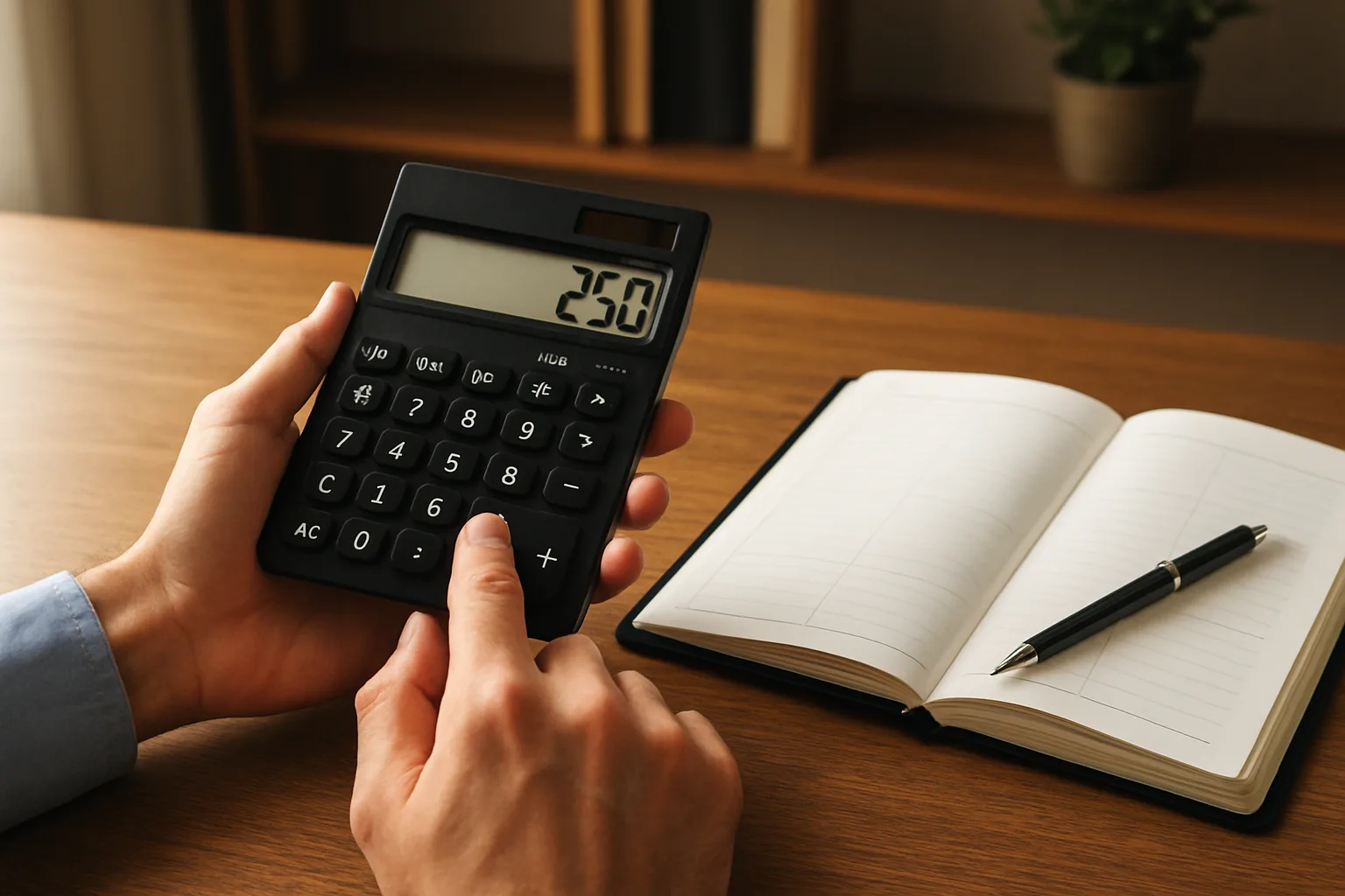 책상 위에서 계산기와 달력을 활용해 연간 1500만원 이하로 예산을 분배하는 손