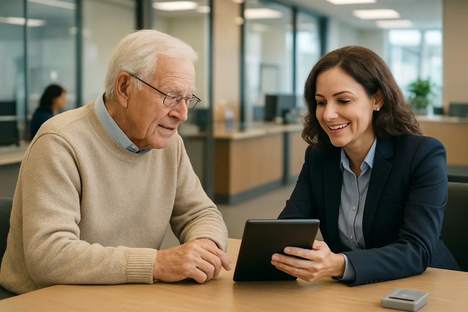 현대적인 은행 창구에서 시니어 고객이 태블릿을 보며 금융 상담을 받고 있습니다.