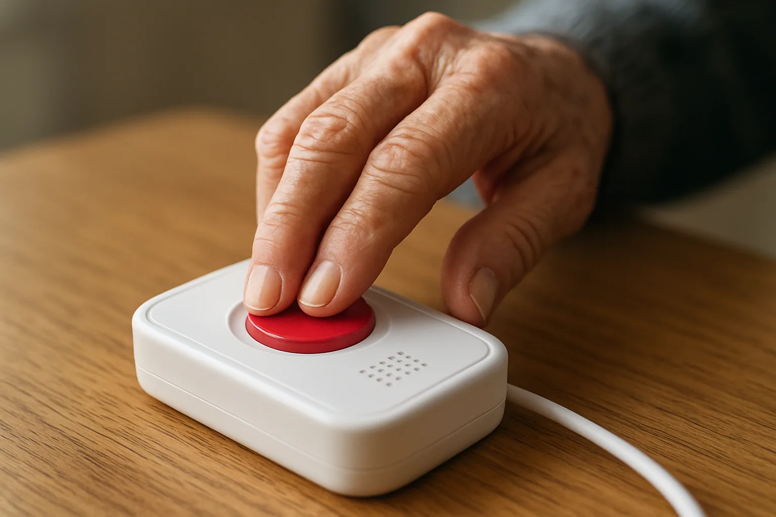 테이블 위에 놓인 직관적인 디자인의 응급 호출기를 다루고 있는 시니어의 손 모습입니다.
