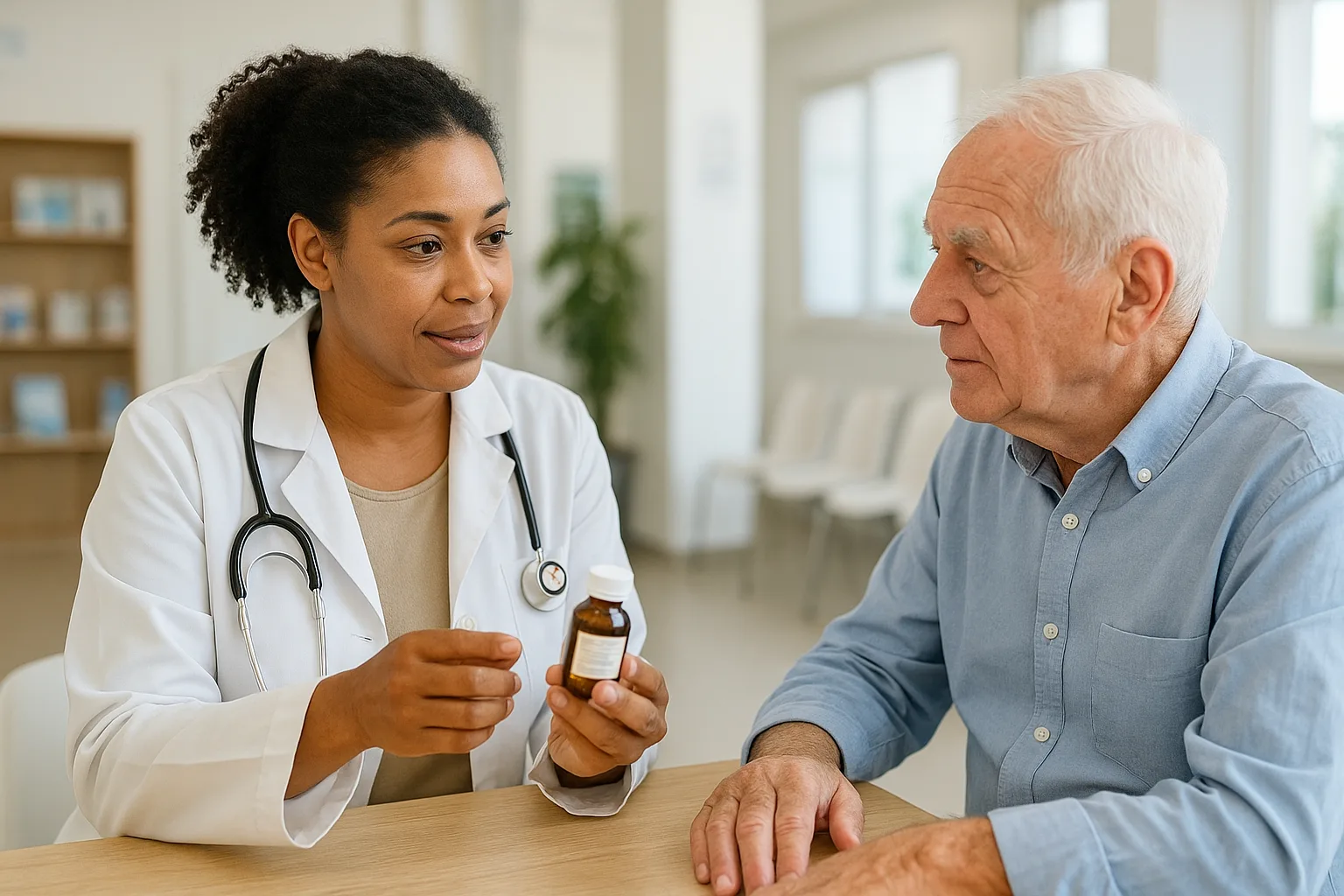 보건소 안내 데스크에서 의료진이 시니어에게 예방접종 일정과 절차를 친절하게 설명하는 모습