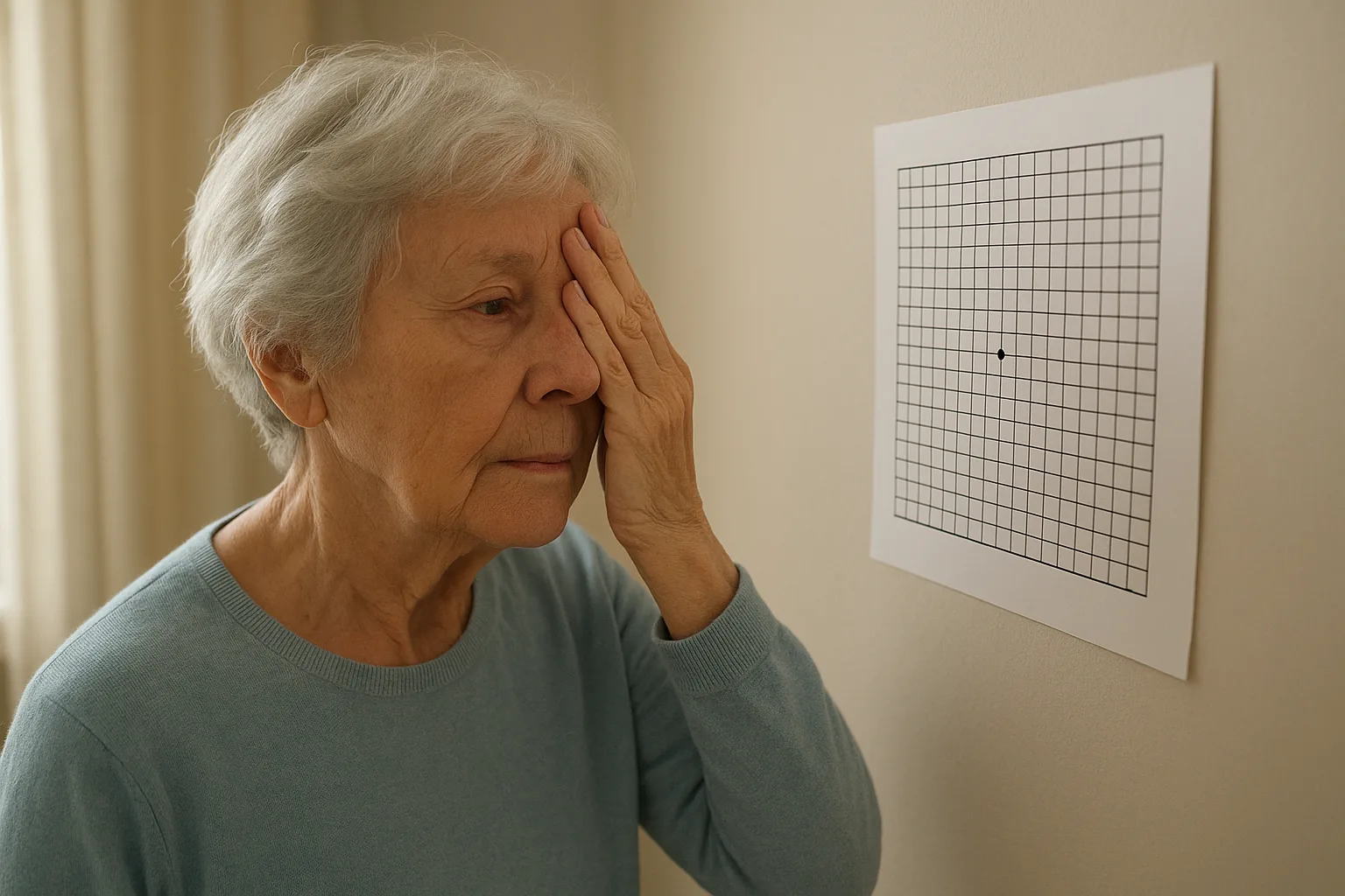 격자 무늬를 이용해 중심 시력의 이상 여부를 집에서 확인하는 자가테스트 과정입니다.