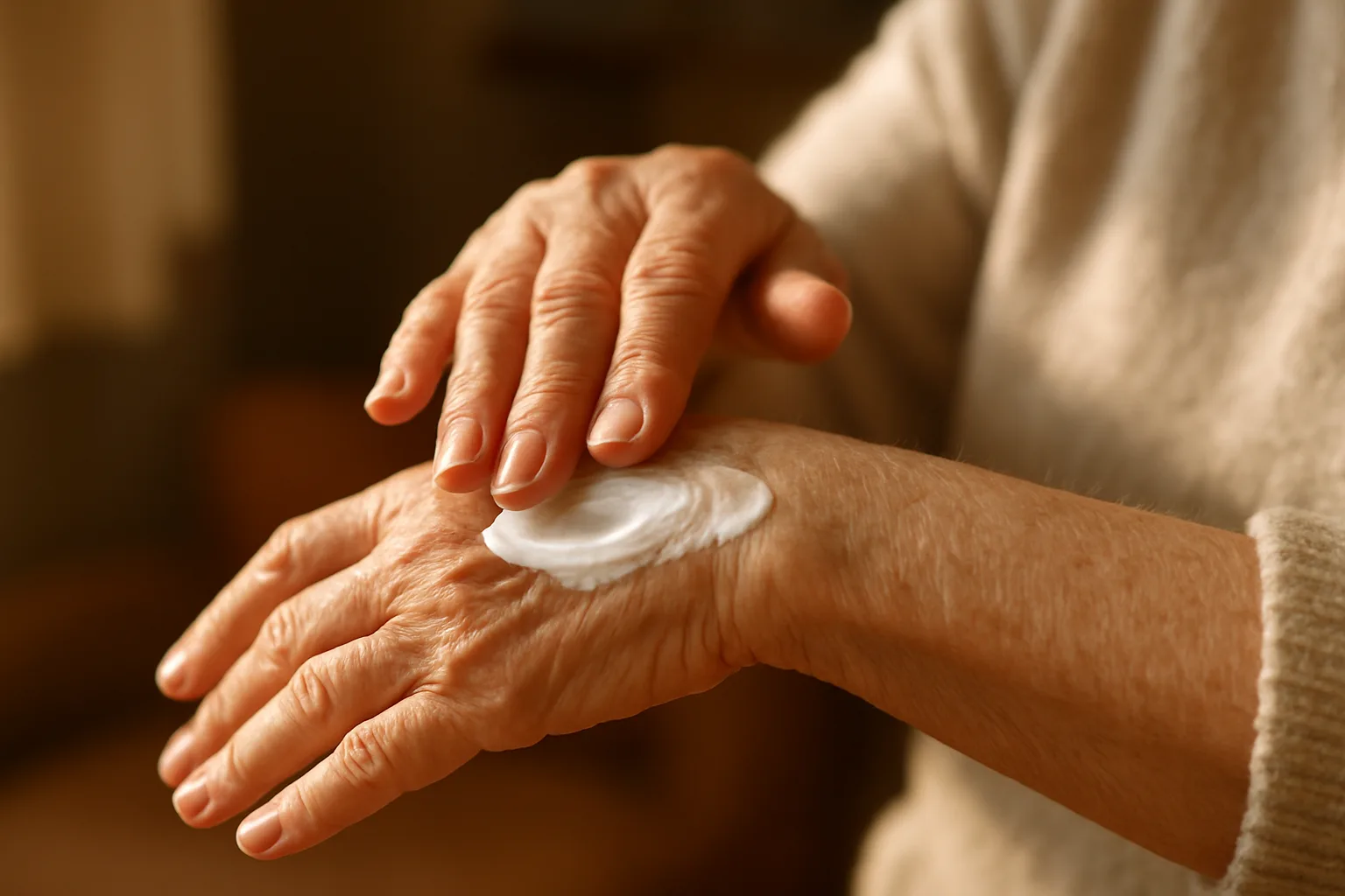 노년층이 건조한 팔 부위에 하얀 보습 크림을 덜어 부드럽게 바르며 피부를 관리하는 모습