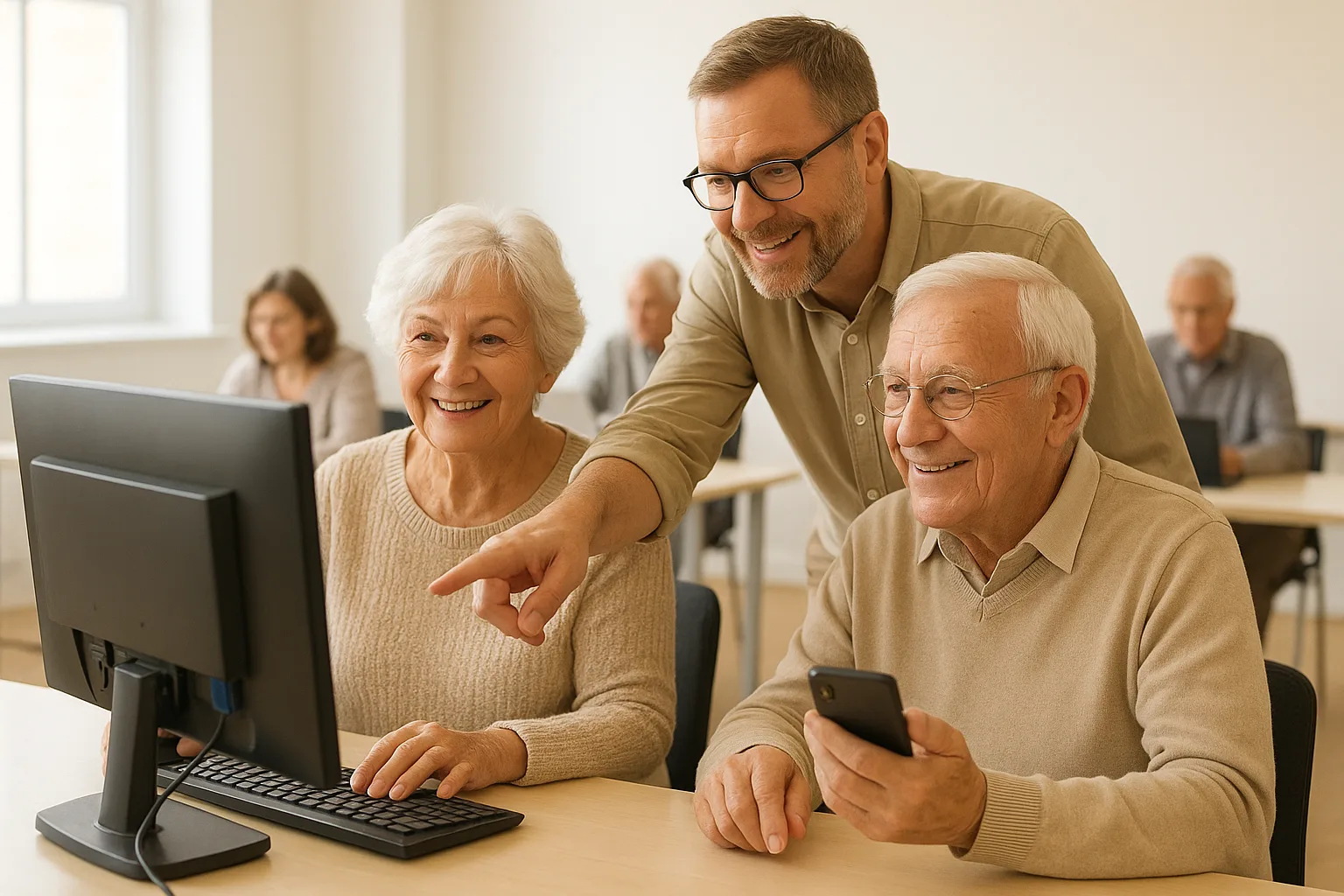 친절한 강사의 안내를 받으며 컴퓨터와 스마트폰 사용법을 배우는 어르신들입니다.