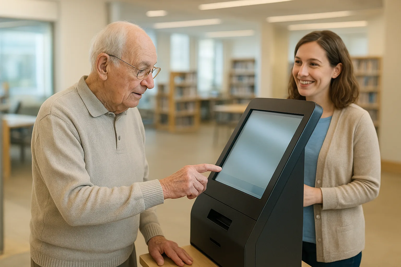 도서관에 마련된 대형 교육용 키오스크 앞에서 서포터즈의 도움을 받으며 화면 터치와 무인 결제 방식을 연습하는 어르신입니다.