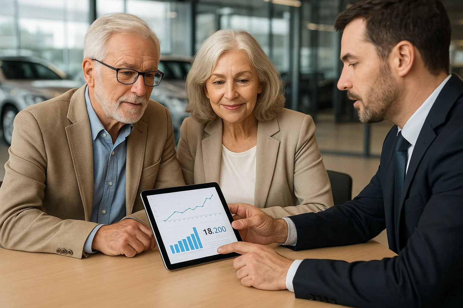 자동차 대리점에서 차량 가액 기준을 고려하며 상담 중인 시니어 부부