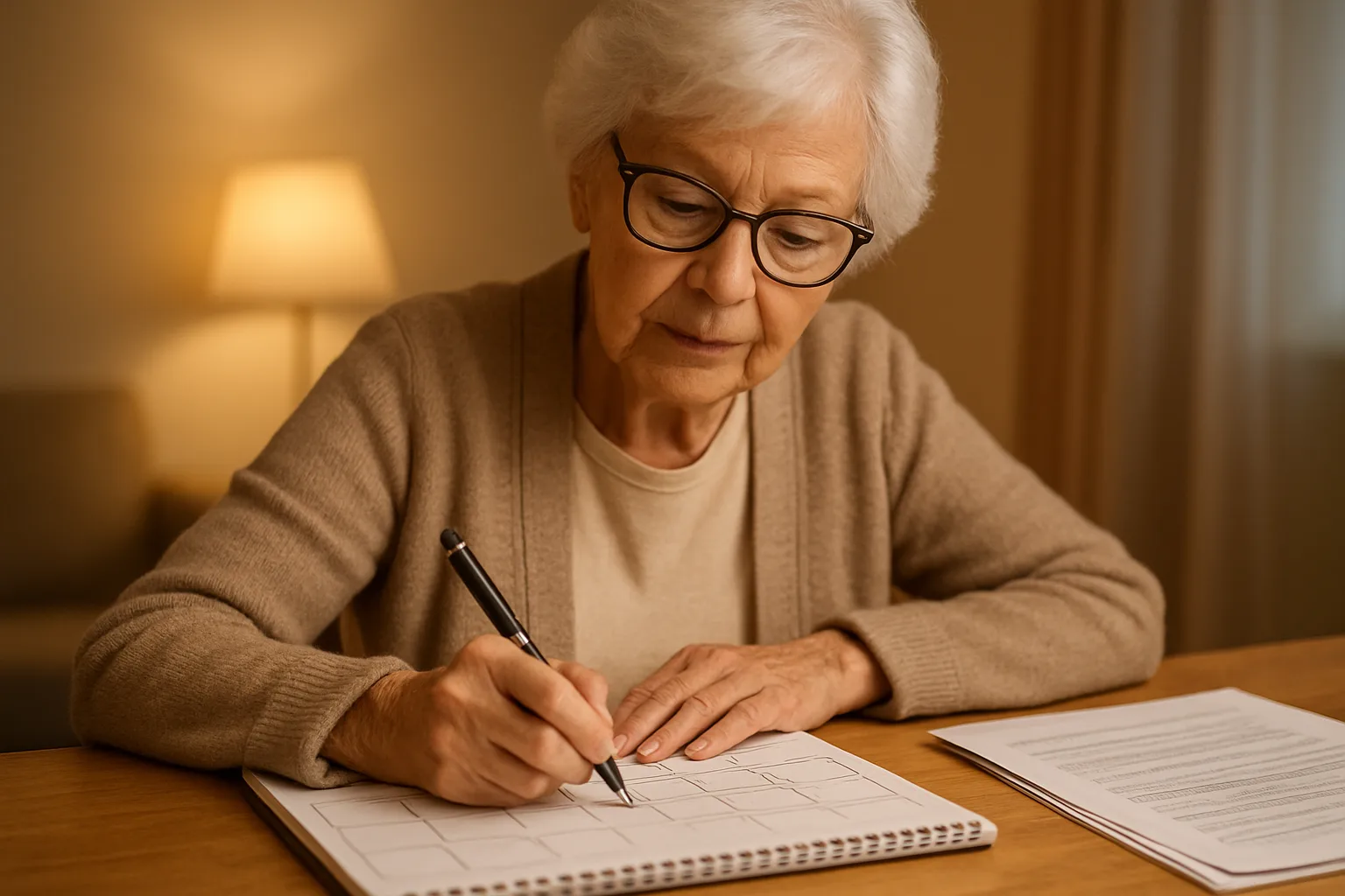 탁상 달력 앞에서 서류를 검토하며 신청 일정을 꼼꼼하게 메모하는 중년 여성의 모습입니다.