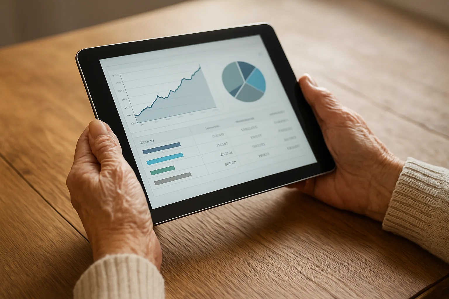 노후 자금 관리를 위해 태블릿으로 개인투자용 국채 매수 화면을 확인하는 모습