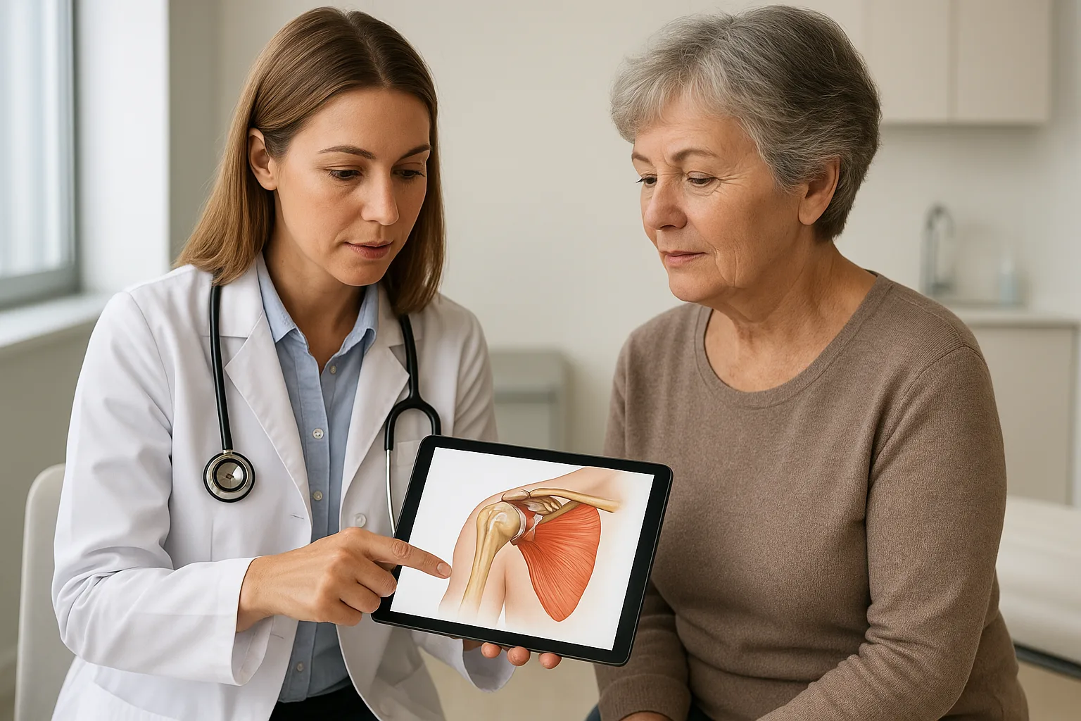 전문의와 환자가 디지털 태블릿을 통해 어깨 관절 구조를 살피며 치료 시기와 방법을 논의하는 모습입니다.