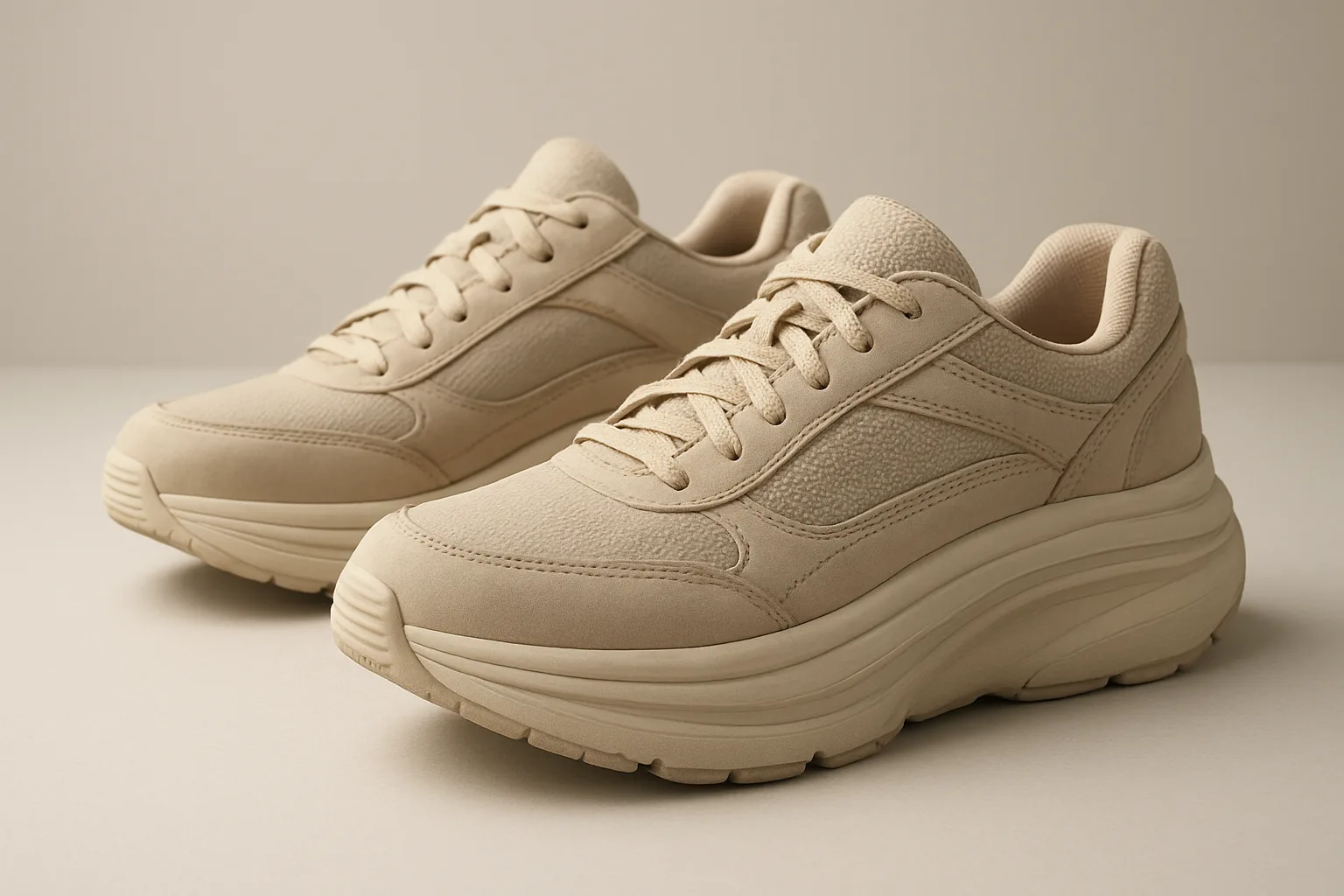 두툼한 쿠션과 인체공학적 아치 서포트 기능을 갖추어 발의 피로를 덜어주는 걷기용 신발의 형태입니다.